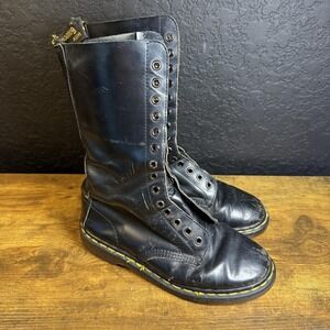 Vintage Dr. Martens Boots M6 W7 Black Leather Tall 14 Eye Combat Made in England